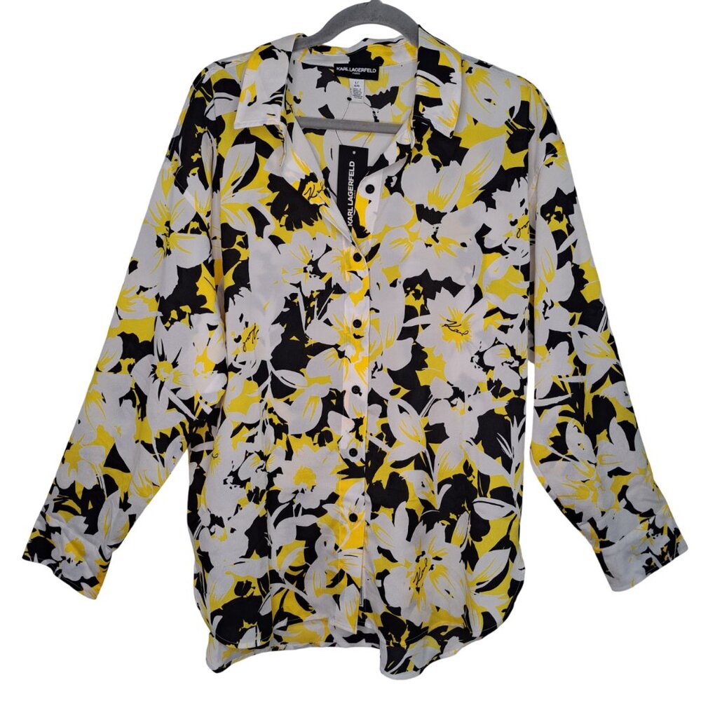 NEW Karl Lagerfeld Yellow Floral Button Down Sheer Blouse Size Large
